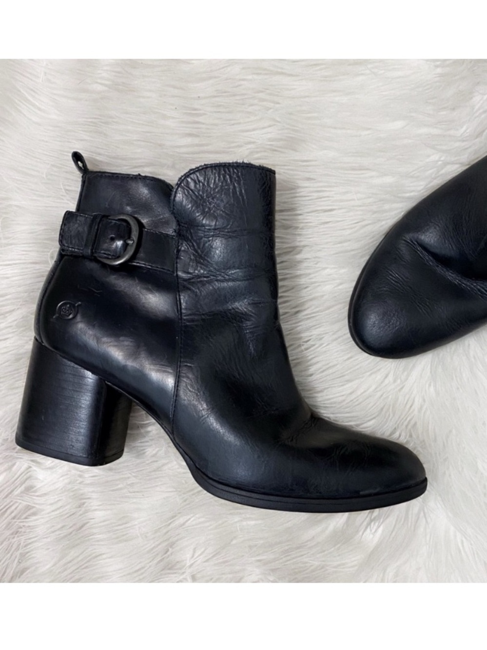Born Gillian Ankle Boots Black Leather Buckle Heeled Moto Booties Neutral 9.5